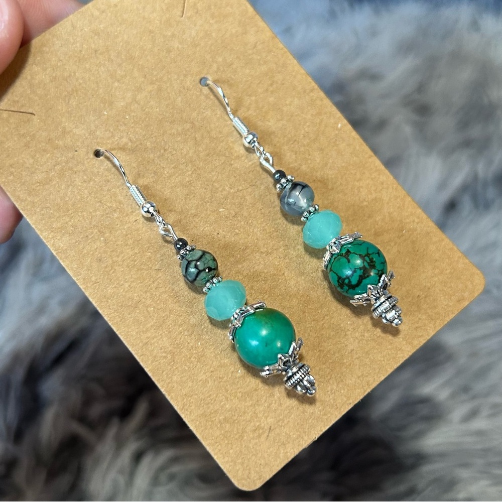 Handcrafted genuine dyed howlite dragon vein faceted hematite earrings